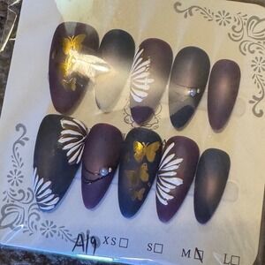 Press On Nails Purple Butterfly Almond Shape Manicure‎ False Nail Art